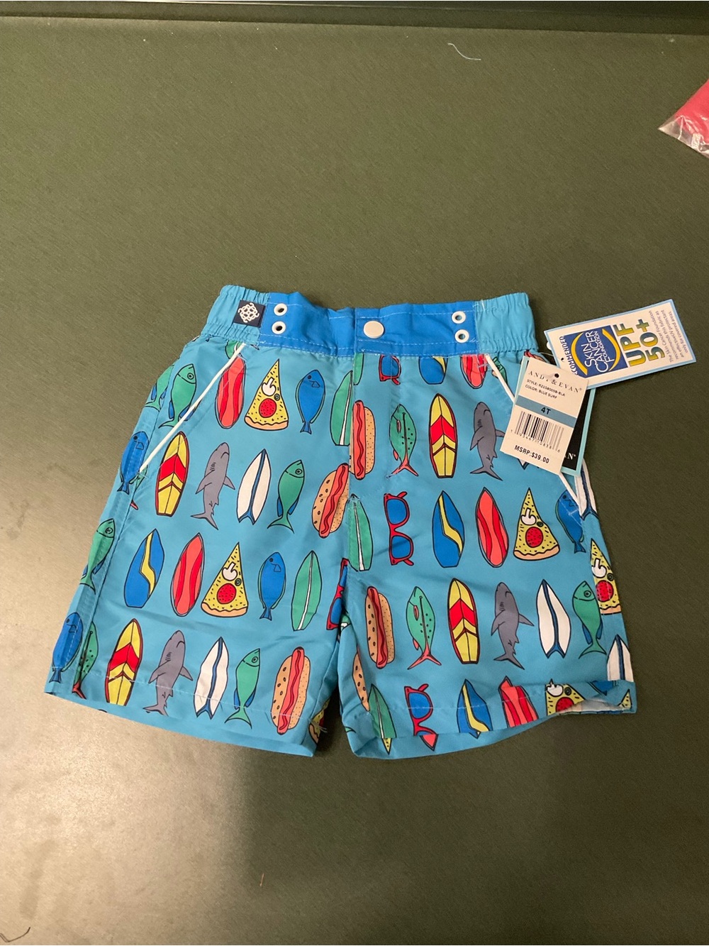 Andy & Evan Bright Blue Surf & Pizza Print Swim Shorts